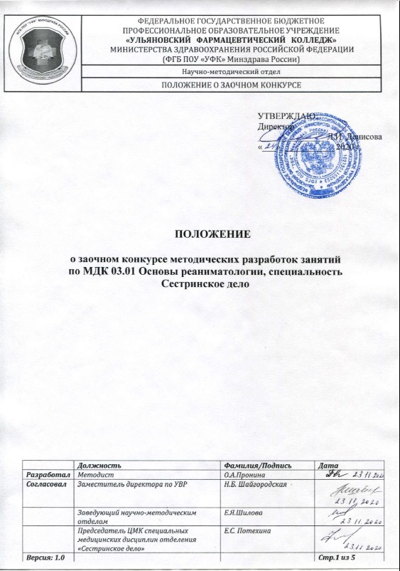 Заочный конкурс методических разработок занятий по МДК 03.01 Основы реаниматологии, специальность Сестринское дело